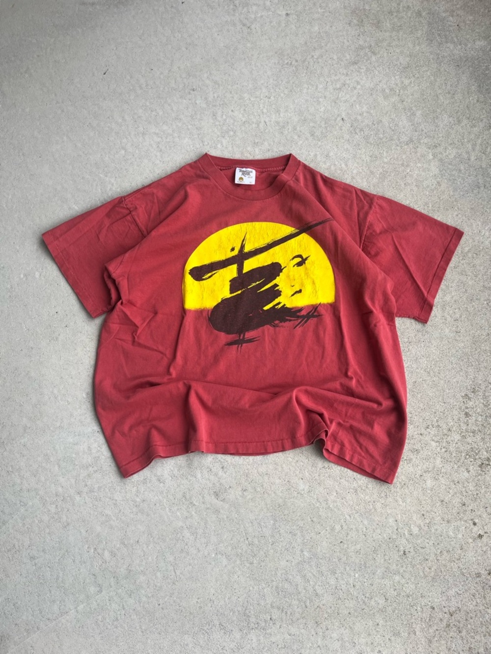 1988 vintage Red Short-Sleeve Graphic Tee with Yellow Helicopter Motif